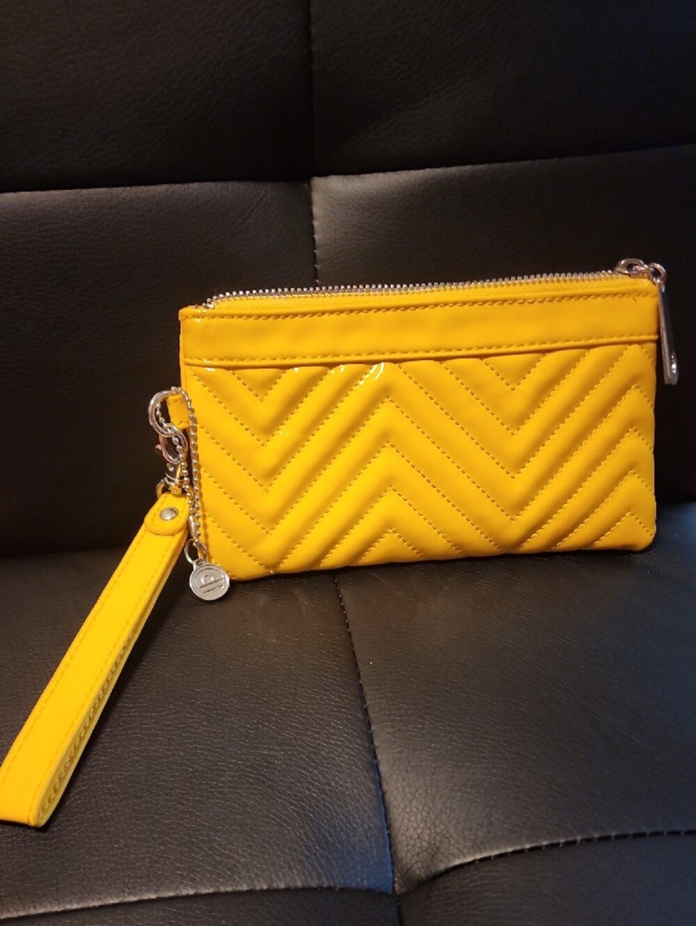 Big Buddha Yellow Patent Wristlet Clutch with Chevron Stitching - Picture 6 of 7